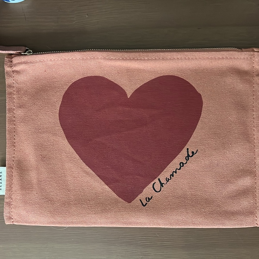 Sezane Pouch - La Chamade - Heart Cotton Clutch - Blush Makeup & Toiletries Bag